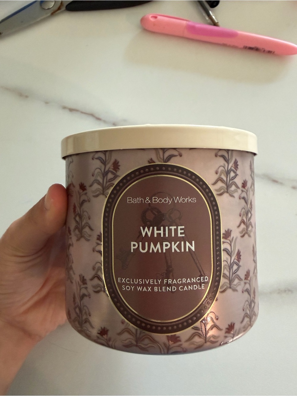 Bath & Body Works White Pumpkin Candle - Cream & Mauve Floral Jar